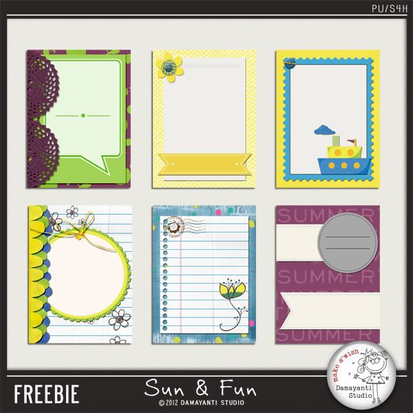 6 free colorful journaling card from from "Sun and Fun" by Damayanti Studio